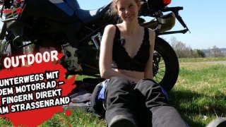 Skinny german teen secretly fingered to double orgasm on motorbike tour - solo masturbation peeing outdoor Thumbnail