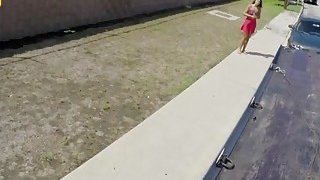 Dark haired honey blowing long dong in tow truck Thumbnail